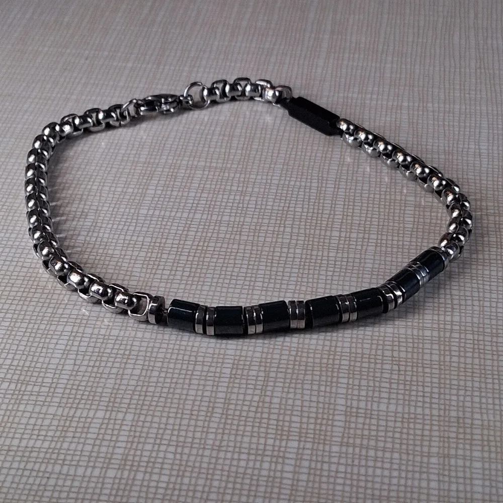 Mens Stainless Steel Box Chain Bracelet Black Beaded Silver Tone Lobster Clasp